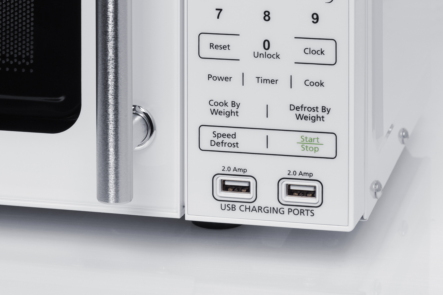 2-door refrigerator-freezer and compact microwave in white with allocator and USB ports for 1-plug operation; ships in three boxes on one pallet